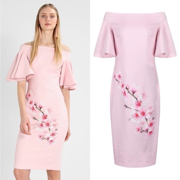 TED BAKER CALINDA SOFT BLOSSOM BARDOT DRESS PINK - Picture 1 of 14